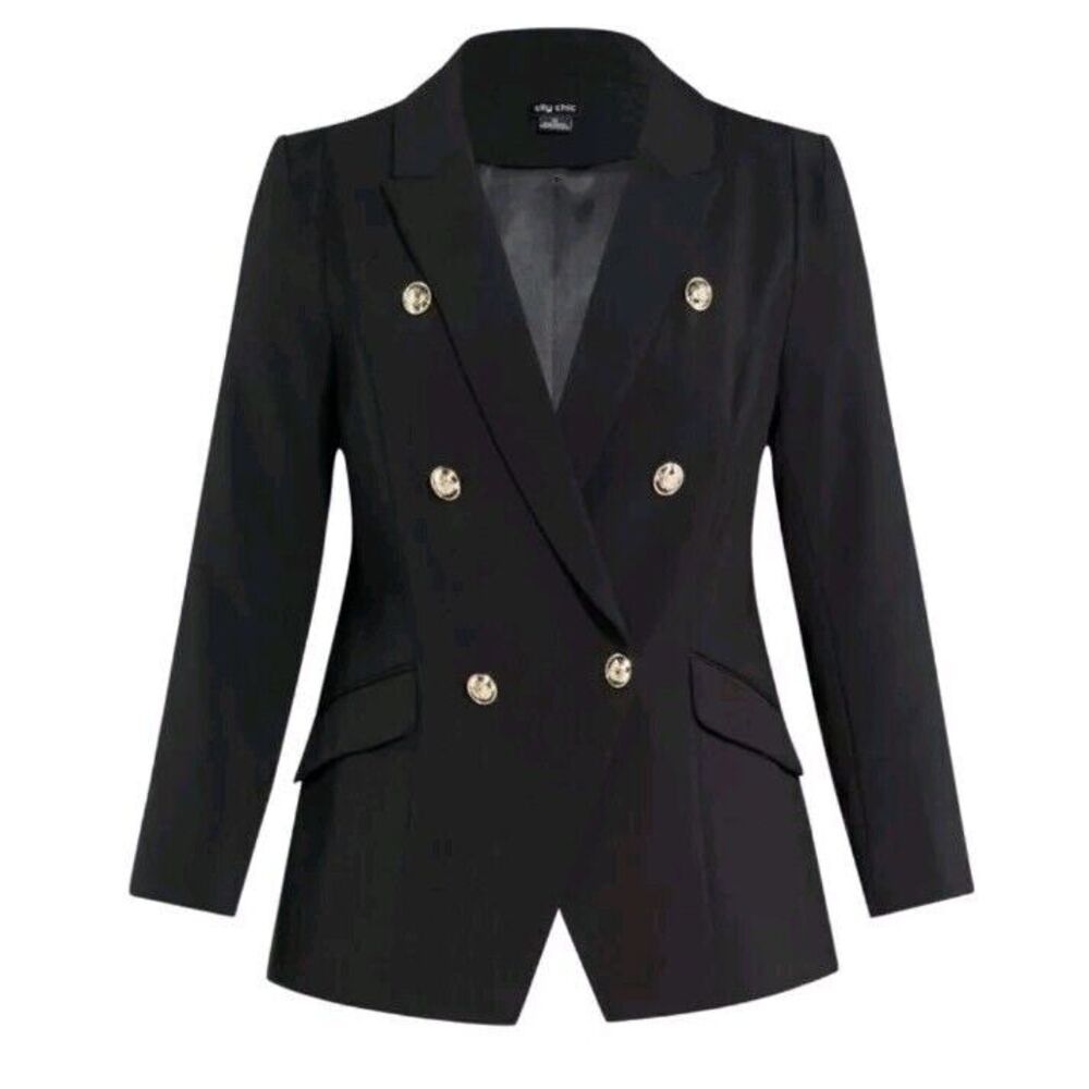 City Chic Black Double-Breasted Blazer with Gold Buttons